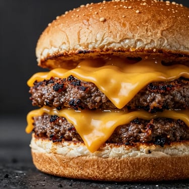 Macro close-up of a double smash burger with dripping melted yellow cheddar cheese, crispy dark edges on the meat, toasted brioche bun, dark charcoal background