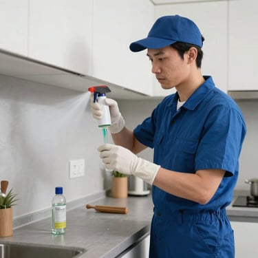 Professional pest control technician spraying odorless gel in a clean modern kitchen corner, focusing on precision application