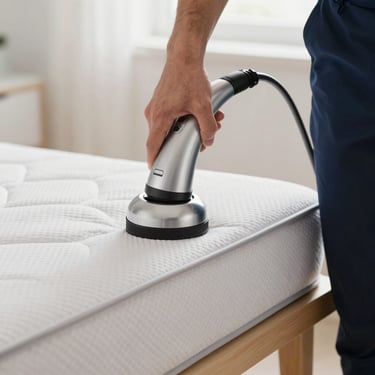 Technician using a clean thermal steamer on a neat mattress edge, bright natural lighting, focus on safety and hygiene