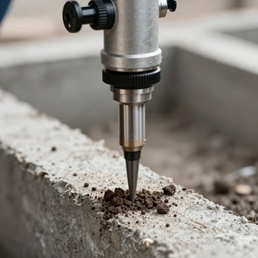 Close-up of precise soil injection equipment being applied to concrete foundation, clean and professional execution