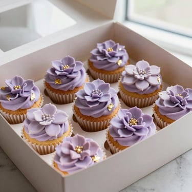 A premium box of luxury cupcakes decorated with tiny handmade sugar flowers and gold leaf.