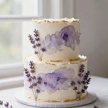 An elegant birthday cake with sophisticated lavender watercolor brushstrokes and delicate gold trim.
