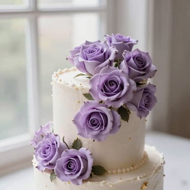A luxury floral cake with delicate lavender sugar roses, soft natural window light, shallow depth of field.
