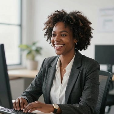 Smiling woman holding a phone showing the Core Care booking page.