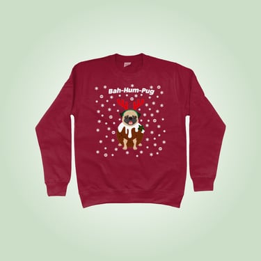 pug in a christmas outfit in dark red