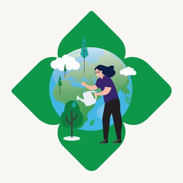 NHS Earth Day Campaign illustrations showing a lady watering plants with planet as a backdrop