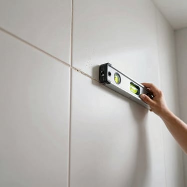 High-contrast close-up of a worker leveling a large format tile on a bathroom wall, bright work-light, visible level bubble, crisp detail