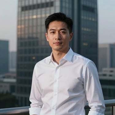 A portrait of a male marketing director in a stylish white shirt standing against a blurred background of a modern skyscraper at twilight.