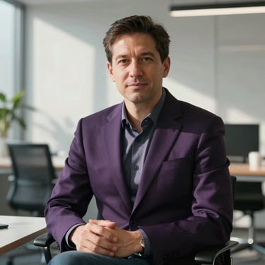 A professional portrait of a tech CEO in a deep midnight purple blazer, sitting in a bright, modern office with soft sunlight streaming in.