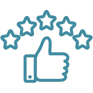 Satisfaction garantie - Un pouce levé avec 5 étoiles.