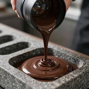 Smooth dark liquid chocolate pouring into a stone mold, professional chocolate maker studio