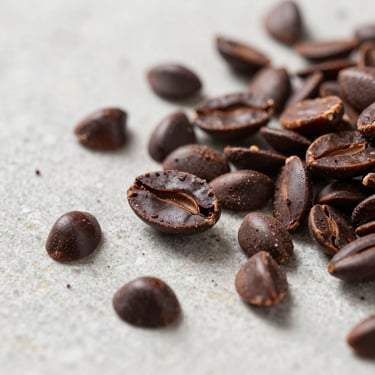 Crisp roasted cacao nibs scattered on a clean stone surface, macro shot, natural light