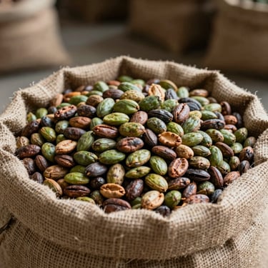 Raw green and brown unroasted cacao beans piled in a rustic jute sack, diffused warehouse lighting