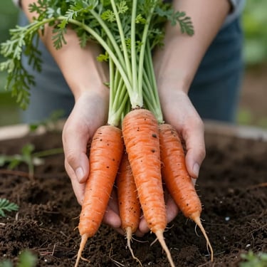A close-up of hands in soil holding freshly harvested organic carrots with rich green tops, soft natural morning light, shallow depth of field