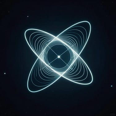 Minimalist macro shot of high-resolution astronomical math charts, sharp white orbital geometry lines on a deep dark background, cool electric-cyan screen glow, high contrast.