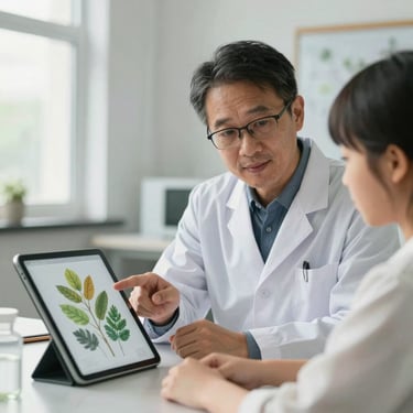 A professional biology mentor pointing to a detailed botanical illustration on a tablet, interacting with a student, bright natural lighting.