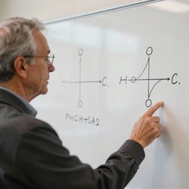 Close-up of a senior physics teacher explaining a mechanics diagram on a clean whiteboard, natural daylight, warm professional tone.