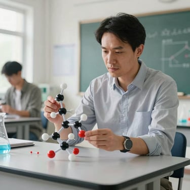 A focused chemistry educator demonstrating molecular structures with physical models at a modern classroom desk, bright daylight.