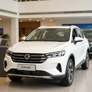 A brand new car in a showroom, gleaming and modern, in natural daylight.