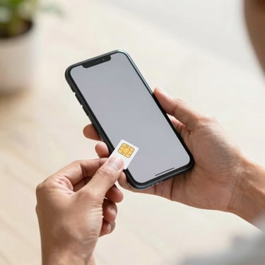 A hand holding a smartphone receiving a SIM card, clean and modern, in natural daylight.