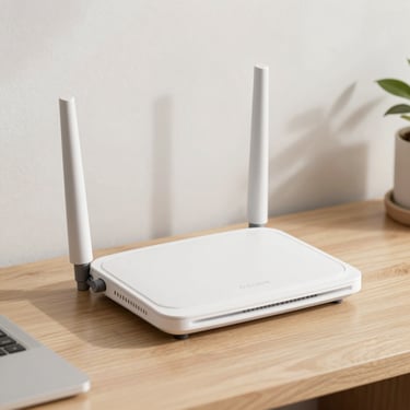 A modern Wi-Fi router with signal waves, clean tech aesthetic, in natural daylight.