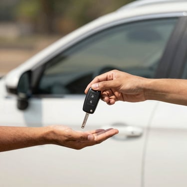 A person handing over car keys, signifying a car sale, in natural daylight.