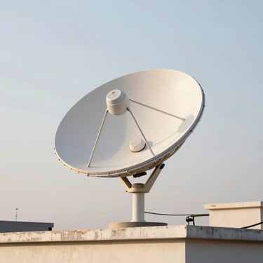A modern satellite dish antenna on a rooftop, clear sky, in natural daylight.