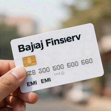 Close-up of a Bajaj Finserv EMI card, clean and modern, in natural daylight.
