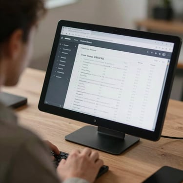 A focused professional reviewing portfolio data on a clean digital terminal in a sober, modern workspace.