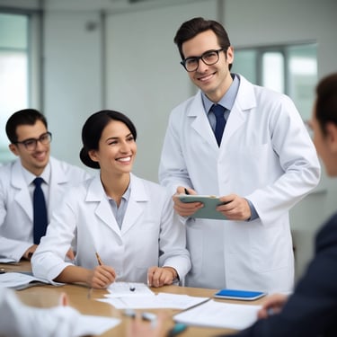 Entrepreneurs discussing product formulas with lab specialists in a bright workspace.