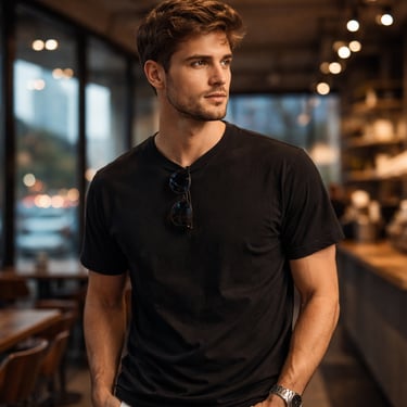 Model pria memakai kaos polos warna hitam cotton combed