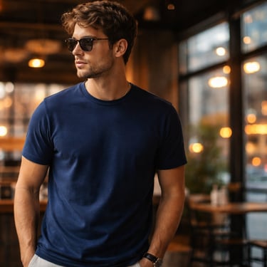 Model pria memakai kaos polos warna navy cotton combed