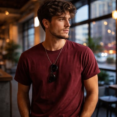 Model pria memakai kaos polos warna maroon cotton combed