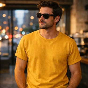 Model pria memakai kaos polos warna kuning mustard cotton combed