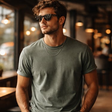 Model pria memakai kaos polos warna hijau sage cotton combed