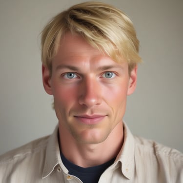 A man with blond hair and blue eyes