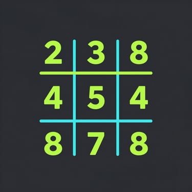 Flat vector illustration of a 3x3 matrix equation with neon green variables and cyan brackets on a dark slate background, crisp technical schematic.