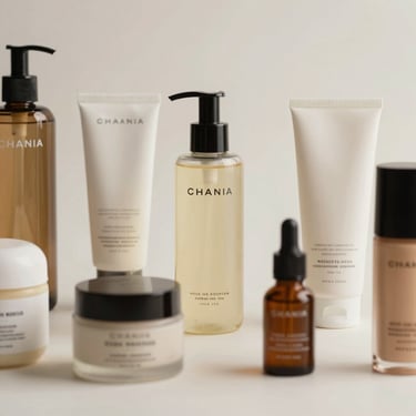 Close-up of premium branded personal care products and cosmetics arranged in a precise geometric pattern under bright neutral studio light.
