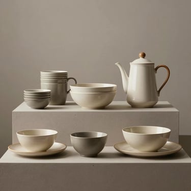 Straight-on clean studio shot of premium home goods and kitchenware organized neatly on a minimalist display.