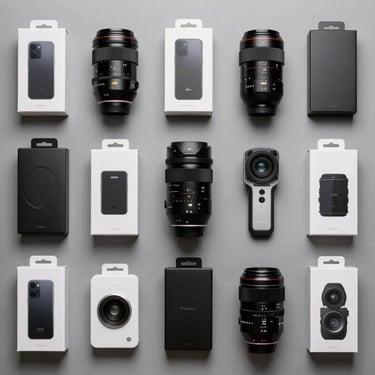 Top-down clean grid shot of organized consumer electronics accessories and retail packaging on a neutral grey background.
