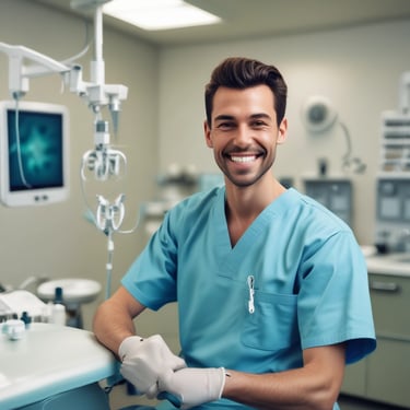 Man happily using a laptop in a bright office space.