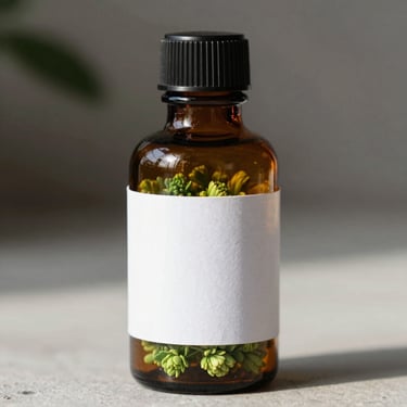 Straight-on close up of clean, amber glass apothecary jar filled with green flower, minimal white label, natural daylight, soft shadows