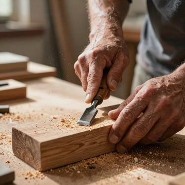 Close-up of calloused hands working with a wooden block and a chisel in a sunlit workshop, sawdust in the air, warm natural lighting.