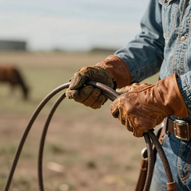 Close-up of hands in leather gloves holding rustic reins, soft natural daylight on a working ranch.