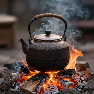 A traditional iron kettle heating over an open fire pit, warm embers glowing, soft outdoor smoke.