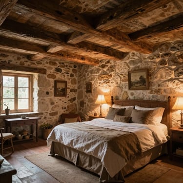 A cozy rustic bedroom inside a historic stone ranch house, warm lamplight illuminating wooden beams.
