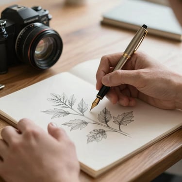Hands holding a vintage fountain pen over a botanical sketch on a wooden table, soft morning light