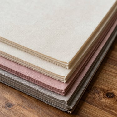 A stack of heavy linen paper samples in ivory and dusty rose tones on a wooden surface