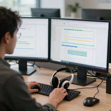 Crisp over-the-shoulder shot of a professional workstation with dual monitors showing clean data analytics, cool natural office light, modern headset resting on the keyboard, blurred background