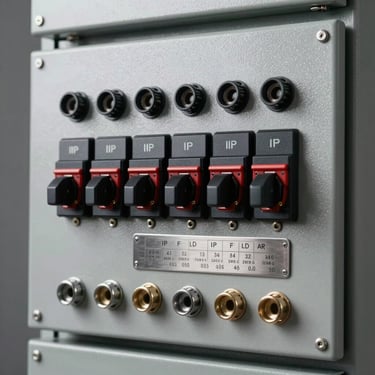 Tight close-up of a marine electrical control panel on a galley appliance — sealed rocker switches, IP-rated connectors, and a stainless steel spec label showing voltage and frequency ratings, studio strobe lighting against a neutral grey background emphasizing precision engineering